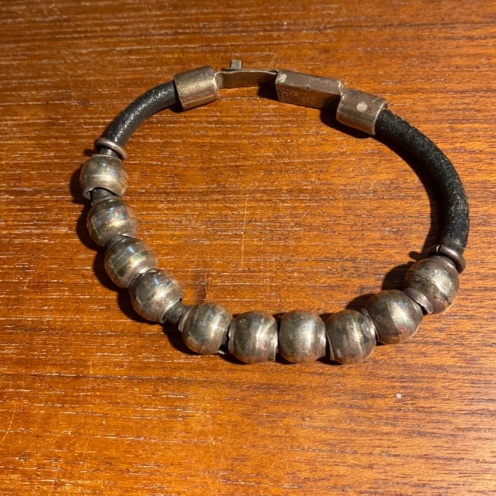 Black leather and sterling silver bead bracelet